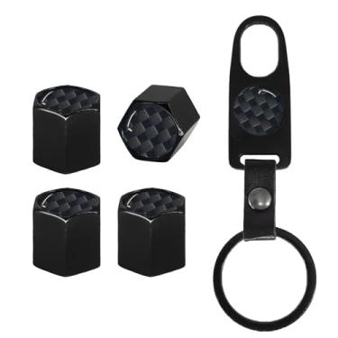Imagem de GONTSIG Conjunto de tampas de haste de válvula de pneu com chaveiro, resistente à corrosão, capas de haste universais pretas para carros, caminhões, motocicletas, SUVs e bicicletas, fibra de carbono