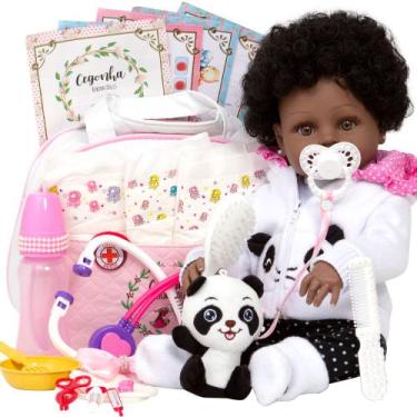 Imagem de Bebe Reborn Panda Morena Cabelo Cacheado Fofa Pode Dar Banho - Cegonha
