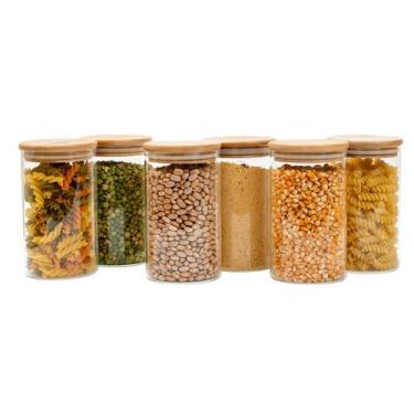 Imagem de Kit 6 potes de vidro 600ml tampa de bambu herméticos redondos - Tüd - 