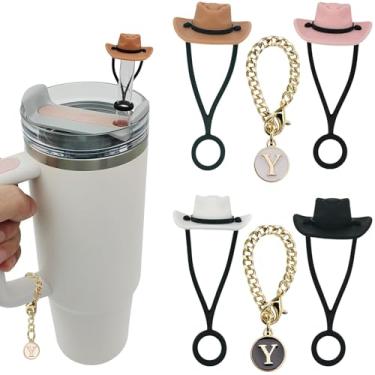 Imagem de 4 peças de chapéu de cowboy de silicone capa de palha compatível com Stanley Cup 30 1,134 g, chapéus de cowboy chapéus de palha, 2 peças de nome inicial ID personalizado alça de letra acessórios para