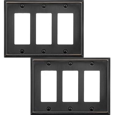 Imagem de OKAWYC Capa de interruptor de luz decorativa tripla placa de parede de metal Aria, pacote com 2 unidades bronze envelhecido 3 gangs triplo balancim, para receptáculo interruptor dimer tomada GFCI,