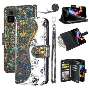 Imagem de Dibosom Capa carteira floral para Motorola Edge 30 Neo com alça de pulso alça de ombro flip zíper bolsa porta-cartão, suporte de couro PU de luxo brilhante brilhante brilhante capa de celular para