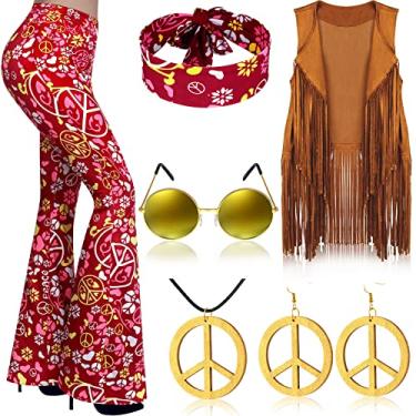 Imagem de Haull Conjunto de 7 peças de roupas femininas hippie discoteca dos anos 60, 70, conjunto de fantasia de Halloween, calça rodada, colete com franja, sinal de paz, Multicor, Large