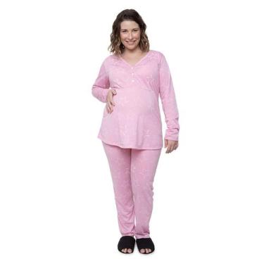 Imagem de Pijama longo Rosa Maternidade e Gestante com Botões estrela Linda Gest