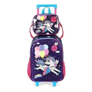 Imagem de Kit Mochila Rodinhas e Lancheira Luxcel Unicórnio Rosa-Feminino