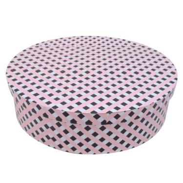 Imagem de Caixa Redonda Tampa Sapato Adesivada Xadrez Rosa 37x7 Mdf Madeira  - A