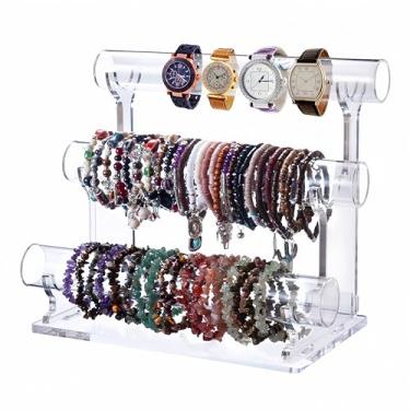 Imagem de humberboat Suporte de pulseira de acrílico com suporte organizador de joias de 3 níveis, suporte de colar de acrílico para exibição elegante de pulseira de cristal para venda, suporte de relógio