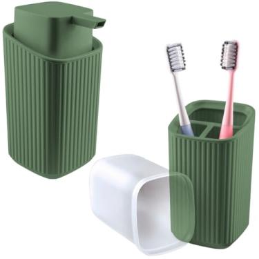 Imagem de Kit Dispenser Sabonete 400ml E Porta Escovas De Dente Com Tampa (Verde)