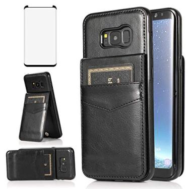 Imagem de Capa de celular para Samsung Galaxy S8 Plus com protetor de tela de vidro temperado e suporte para cartão de crédito, capa de carteira de couro para celular Glaxay S8plus S 8 8plus 8S Edge S8+ SM-G955U Cases feminino masculino preto