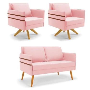 Imagem de Kit 01 Namoradeira 02 Lugares E 02 Poltronas Mari Suede Rosa Bebê Base