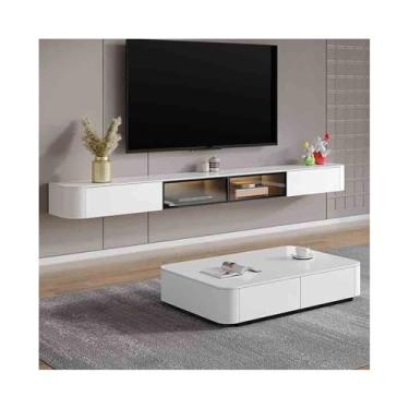 Imagem de Armário de TV Unidade de TV flutuante com luzes LED, gabinete de TV montado na parede com porta rebatível de vidro, console de mídia branco moderno para sala de estar e quarto Armário de mídia(220cm)