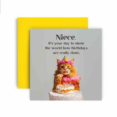 Imagem de Huxters Cartão de feliz aniversário sobrinha engraçada - Cat Show How Birthdays are Done - Vale-presente para seu cartão para sobrinha - 14,8 cm (sobrinha)