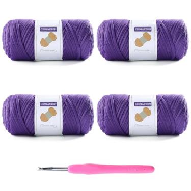 Imagem de Pacote com 4 fios de camisetas para crochê, camisetas elásticas, fios de tricô espaguete, comprimento total, 260 metros para cestas de saco de crochê, decoração de casa com 1 agulha de crochê (4 roxos