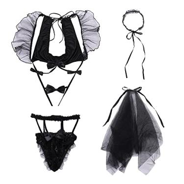 Imagem de SINGUYUN Bride Costume Cosplay Lingerie Teddy Outfit Crop Top and Pantie Set With Stocking Wedding Veil (1159Black)