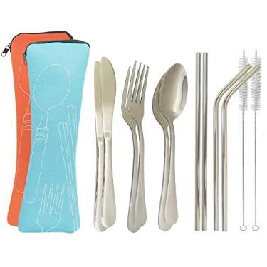 Imagem de Conjunto de 2 talheres de aço inoxidável UPTRUS, utensílios portáteis, 6 peças, conjunto de talheres reutilizáveis, conjunto de facas, colher de garfo, escova de limpeza de canudo de metal, estojo portátil, conjunto de viagem portátil, conjunto de talheres para acampamento, Prata