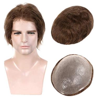 Imagem de Peruca masculina Toupee de cabelo humano macio e fino, sistema de cabelo humano virgem europeu com laço em V, peça de reposição para homens, espessura 04 mm, cabelo liso texturizado, 20 x 25 cm, loiro #6 cor da Amiable