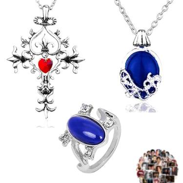 Imagem de UoYu Conjunto de 23 peças de adesivos de joias The Vampire Diaries Daywalking Katherine Colares de cristal de safira com símbolo de cruz de vampiro Elena Anel de luz do dia para fãs, Zinco, Sem Pedra