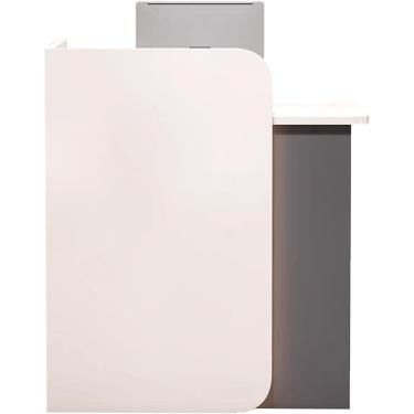 Imagem de Mesa de recepção pequena, balcão espesso, balcão de caixa de varejo com gavetas bloqueáveis, sala de recepção, lobby, varejo, loja, salão de beleza, sala de aula de pódio, escritório, branco + cinza