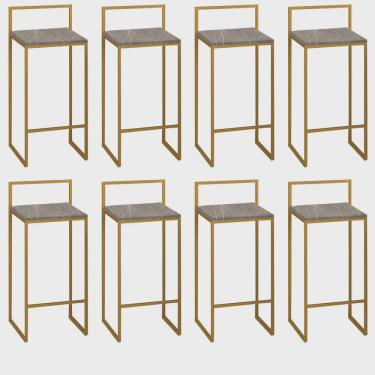 Imagem de Kit 08 Banquetas Alta Com Encosto Lino Industrial Balcão Bistrô Ferro Dourado mdf Madeira Marmorizado - Ahz Móveis