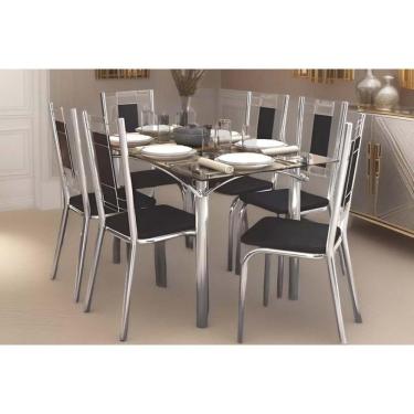 Imagem de Sala De Jantar Elba Com Tampo De Vidro 80x150cm E 6 Cadeiras Florença Cromada Courano Preto