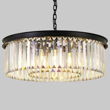 Imagem de LHKVDT Lustre Moderno De Cristal Preto, Luminária Pendente De Teto Redonda De 2 Níveis Com Altura Ajustável, Lustre De Luxo Para Sala De Jantar, Sala De Estar, Hall De Entrada, Quarto, Cozinha E Hal