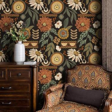 Imagem de JiffDiff Papel de parede Boho Peel and Stick, papel de parede floral vintage sol escuro 43,9 cm x 2,032 cm papel de contato botânico autoadesivo amigável para locatário