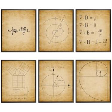 Imagem de Weysat 6 peças de pôster de arte matemática impressões de arte Fibonacci espiral dourada teorema de Pitágoras fórmula de Euler Maxwell equações galeria teoria parede 20x25 sem moldura pôster de
