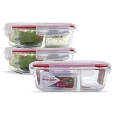 Imagem de Kit 3 Potes Herméticos Vidro Com Divisória 640ml Marmita - U4home, Ver