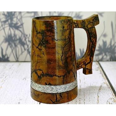 Imagem de Caneca de cerveja indiana para ele-Estilo Viking Caneca de madeira de 623 g - Caneca de cerveja de madeira natural - Presentes de casamento e aniversário para ele (Retro)