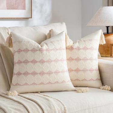 Imagem de Fancy Homi Conjunto de 2 fronhas decorativas boho rosa 40,6 x 40,6 cm para sofá-cama, decoração de casa de fazenda orgânica moderna estética e decoração de casa, capa de almofada de algodão macio
