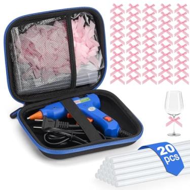 Imagem de Kit de pistola de cola quente com 50 mini laços de fita rosa e 20 peças de bastões de cola, fita de cetim rosa para amarrar pacotes de embrulho de presente, estojo de transporte rígido