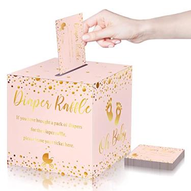 Imagem de 50 peças de bilhetes de rifa de fraldas com caixa para convites de jogos de chá de bebê, cartão de rifa de fraldas para revelação de gênero chá de bebê, decoração de festa, mesa de centro de mesa traz um pacote de fraldas para ganhar (ouro rosa)