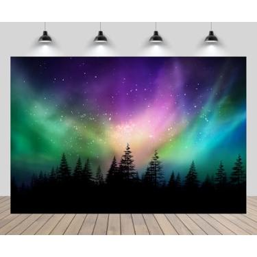 Imagem de CHNYWORK Cenário de luzes do norte de 3 x 2,4 m colorido aurora boreal, floresta de pinheiros canadense, céu noturno estrelado, cenário, caminhadas, viagens, crianças, decoração de festa de