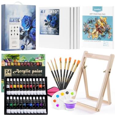 Imagem de Conjunto de tinta, kit de pintura com 41 peças, conjunto de tinta acrílica para crianças, suprimentos de pintura com 24 tintas acrílicas, 1 cavalete de madeira, 4 painéis de tela, 8 pincéis, bloco de