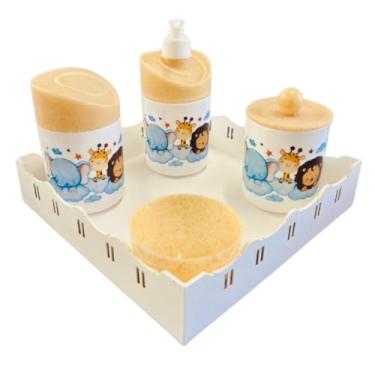 Imagem de Kit Higiene Bebê Safari Hora Do Sono C/bandeja MDF (Quadrada Branca/Madeira)