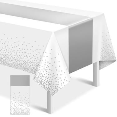 Imagem de MASHAN 1 toalha de mesa branca e prata para decoração de festa, toalha de mesa branca de plástico impressa, passador de prata, descartável, capa de mesa retangular para aniversário, casamento