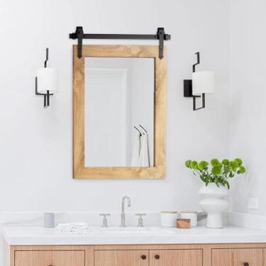 Imagem de Menscha Espelho de banheiro de fazenda 45,7 cm x 61 cm Espelho de porta de celeiro com moldura de madeira rústica para banheiro, sala de estar, decoração de parede de quarto (marrom)