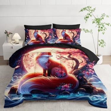 Imagem de Nttopship Conjunto de edredom casal raposa, 7 peças, desenho animado raposa Sakura, 7 peças, conjunto de lençol de cama com vida selvagem, microfibra leve para todas as estações