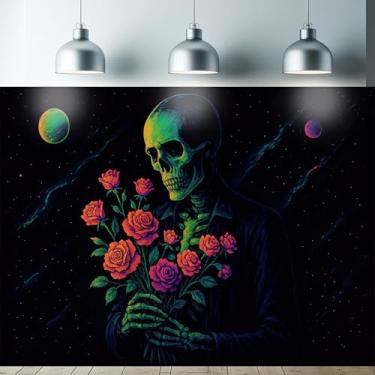 Imagem de Starlit Patio Tapeçaria rosa esqueleto luz negra UV reativo parede pendurado crânio flores planetas para quarto dormitório sala de estar brilhante gótico psicodélico decoração fluorescente trippy