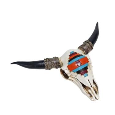 Imagem de IEUDNS Decoração de parede com caveira de cabeça de vaca artificial, estatueta de cabeça de boi falsa para Halloween, escultura de parede de chifre longo