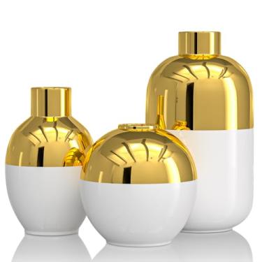 Imagem de Conjunto de 3 vasos de flores de cerâmica branca e dourada, modernos vasos decorativos redondos dourados brilhantes para decoração de casa, quarto, escritório, sala de estar, estante de livros