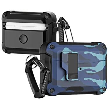 Imagem de CCSmall Capa Camuflada Para Samsung Galaxy Buds 3 Pro/Buds 3, Resistente À Prova De Choque Com Mosquetão Trava Segurança, Protetora Militar Rígida Homens, Azul Camuflado