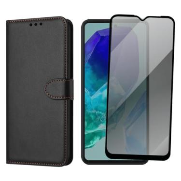 Imagem de Capa Carteira Galaxy M55 com Suporte, Flip Case + Película de Vidro 3D Privacidade Anti-Spy, Preta