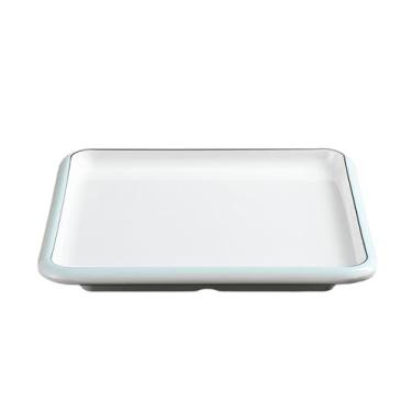 Imagem de Prato retangular de porcelana de imitação simples de cor esmaltada estilo nórdico - prato quadrado de borda azul de 21,6 cm