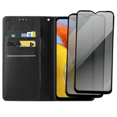 Imagem de Capa Carteira Premium com Película de Privacidade 3D para Samsung Galaxy M14, Couro Sintético Preto, 2 Películas