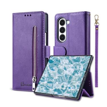 Imagem de BFKUSPN Capa carteira de couro PU compatível com Samsung Galaxy Z Fold6 com bloqueio de RFID, porta-cartão de crédito, capa flip com bolso com zíper, compartimentos de crédito, homens e mulheres (roxo