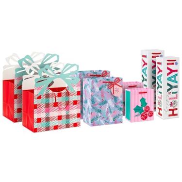 Imagem de Hallmark Sacola de presente de Natal rosa, verde menta e roxo sortido (8 sacos: 2 pequenos de 15 cm, 2 médios de 23 cm, 2 grandes de 18 cm, 2 sacos de garrafa de vinho de 33 cm) Disco Holly, xadrez