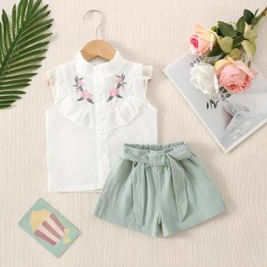 Imagem de Conjunto de Roupa de Verão para Bebê Menina - Algodão, Bordado Floral,