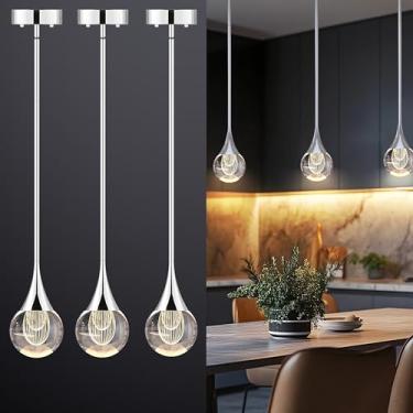 Imagem de 3 luzes pendentes ilha de cozinha, globo de cristal prateado, luzes suspensas no teto, luminárias de LED, haste de metal, teto de vidro, iluminação pendente para cozinha, ilha, sala de jantar, bar