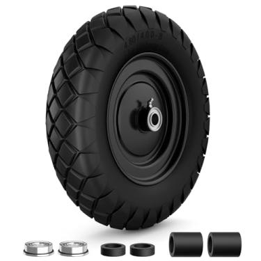 Imagem de Pneus de carrinho de mão plano de 40,6 cm 4,80/4,00-8, sólido 4,80/4,00-8 pneu e roda para carrinhos de mão e reboque de jardim, rolamentos de 5/20.3 cm e 3/10.2 cm, 35.6 cm - 40.6 cm, 1 pacote preto,